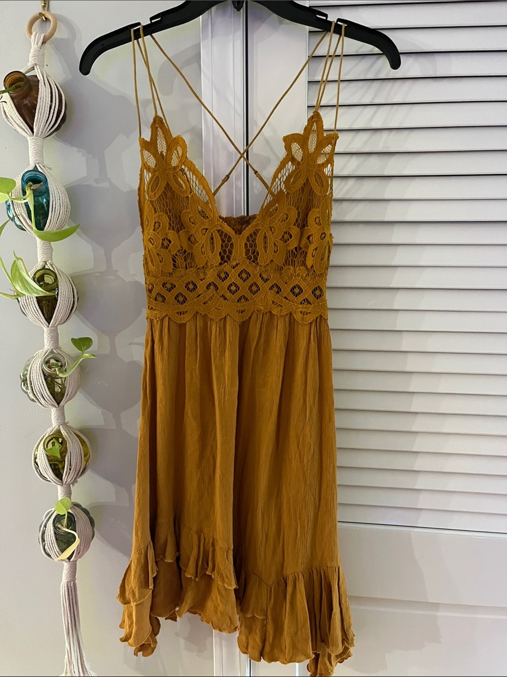 Free People Mustard Crochet Bodice Mini Dress
